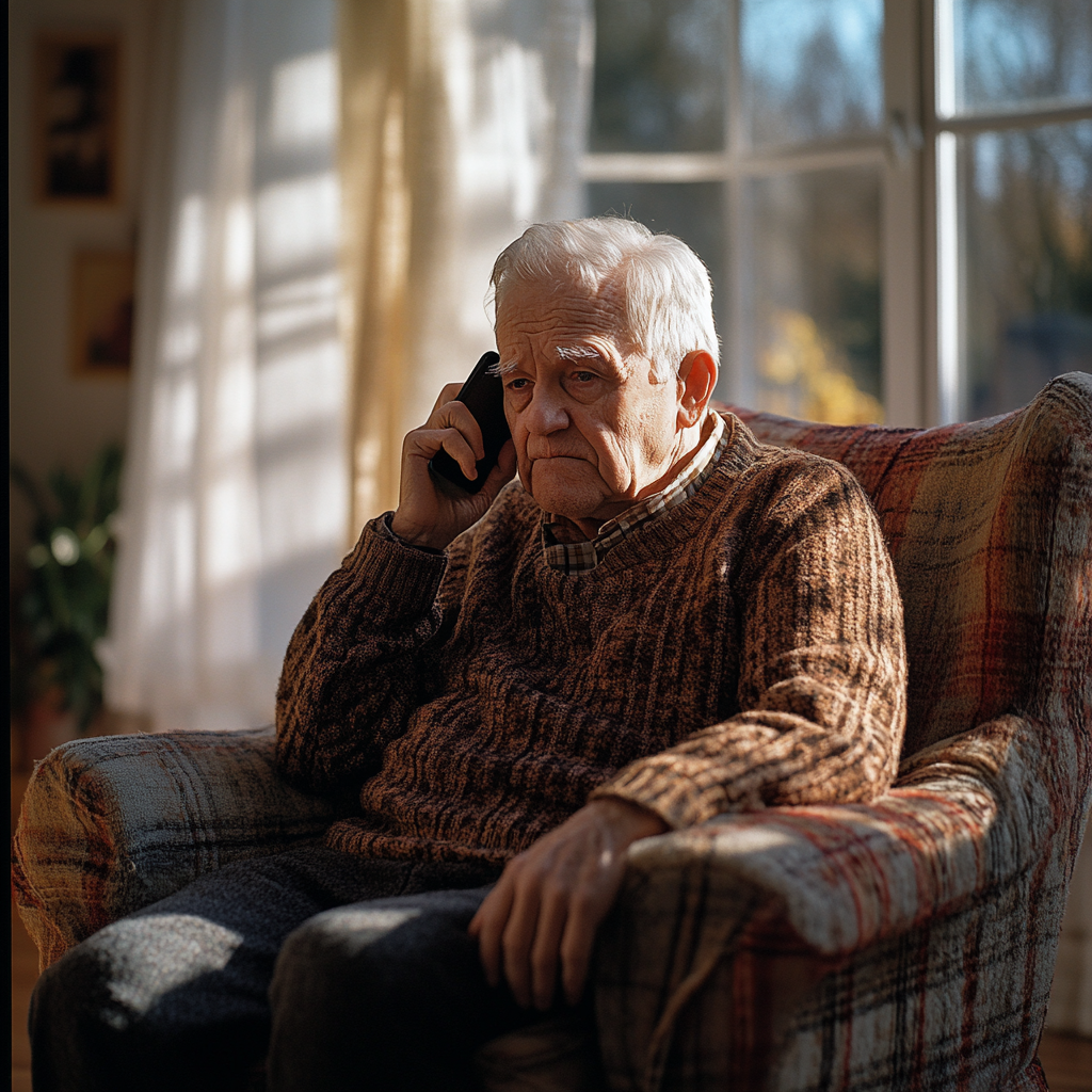 Un homme triste qui parle au téléphone | Source : Midjourney