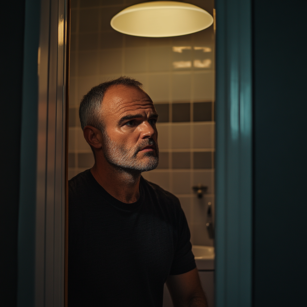 Un homme assis dans une salle de bain | Source : Midjourney