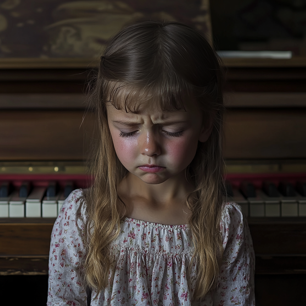 Une jeune fille bouleversée devant son piano | Source : Midjourney