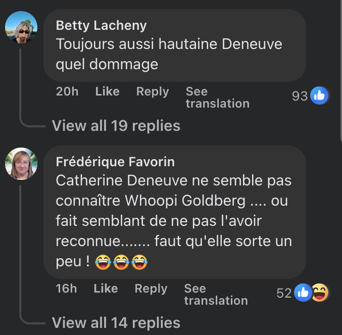 Commentaires des internautes sur le comportement de Catherine Deneuve envers Whoopi Goldberg au défilé AMI. | Source : Capture Facebook