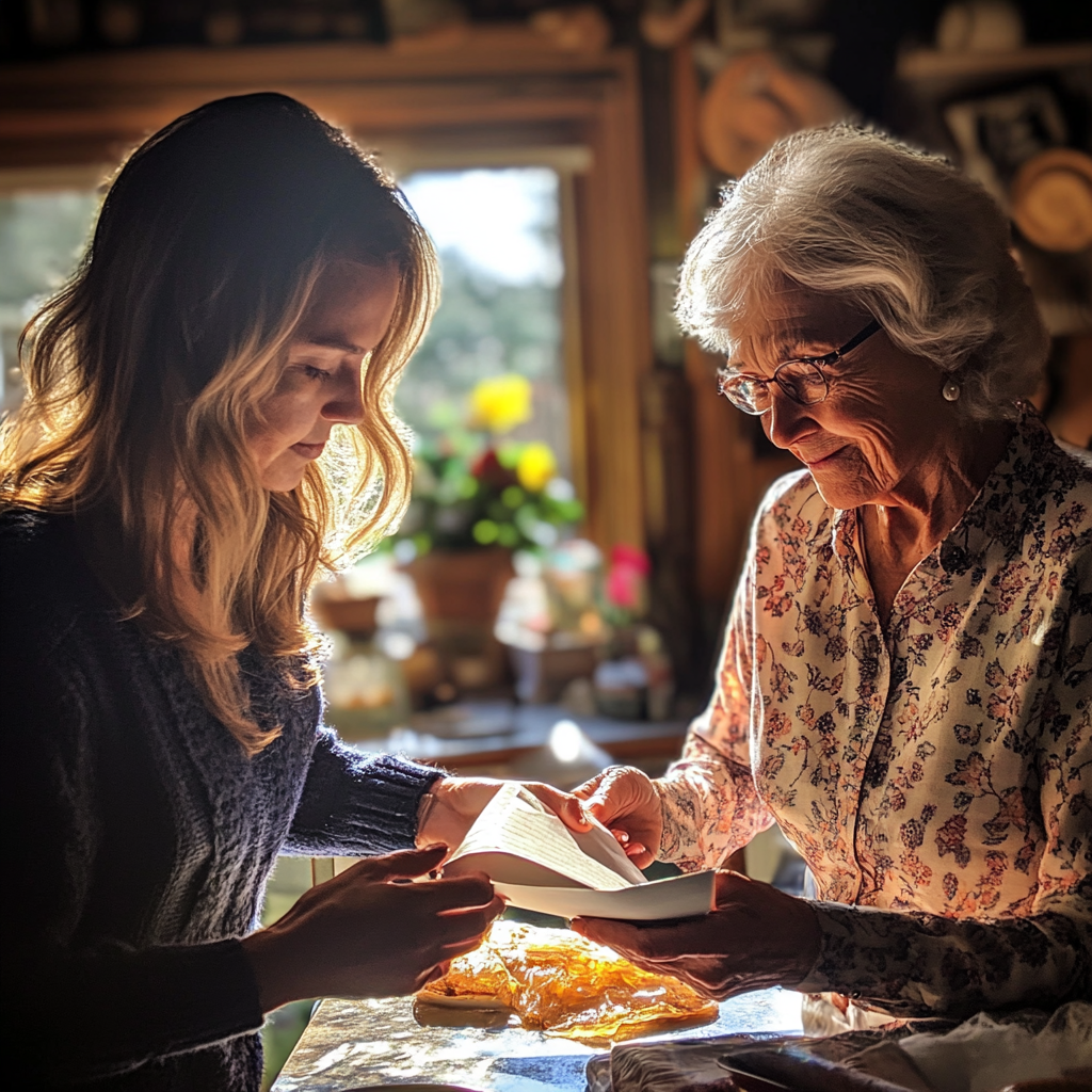 Femme remettant une enveloppe à sa belle-mère | Source : Midjourney