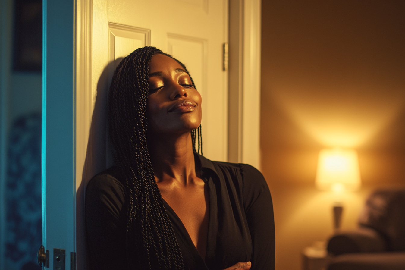 A woman leaning against a door, looking peaceful and smiling | Source: Midjourney