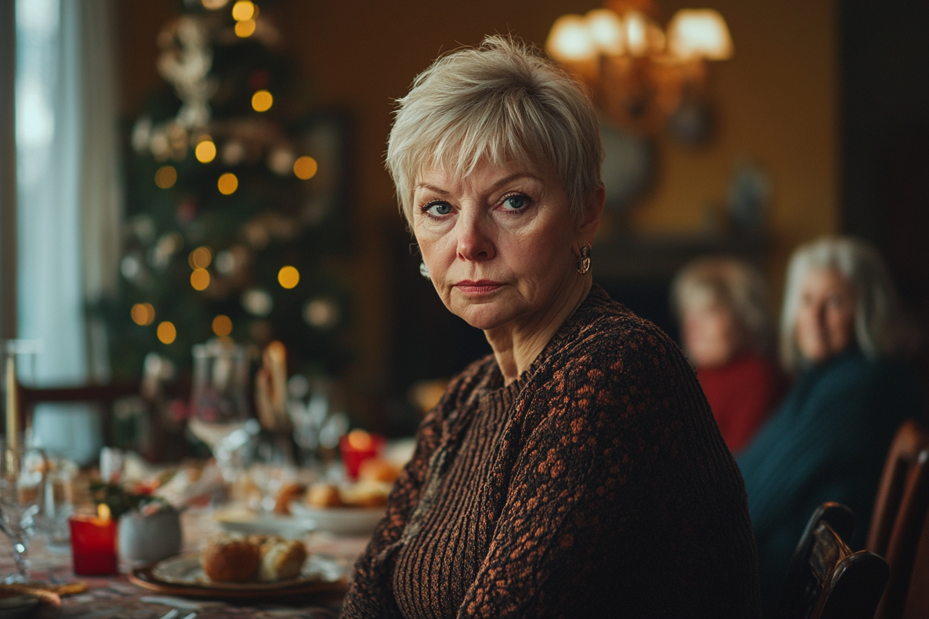 Femme d'une soixantaine d'années attablée prenant un air sérieux lors d'un repas de Noël | Source : Midjourney