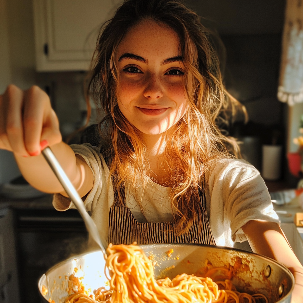 Une femme qui cuisine avec un sourire forcé | Source : Midjourney