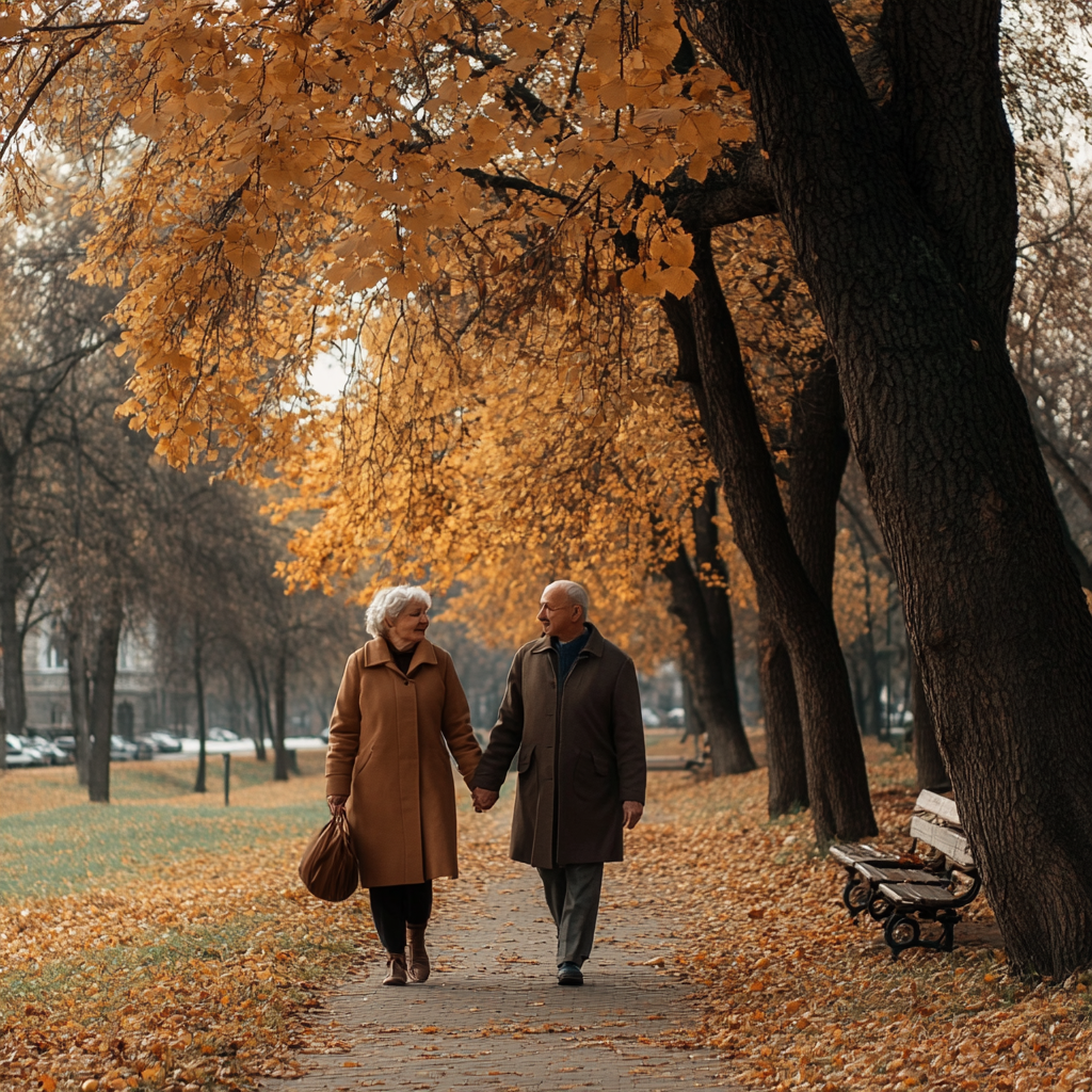 Un couple de personnes âgées heureuses se promenant | Source : Midjourney