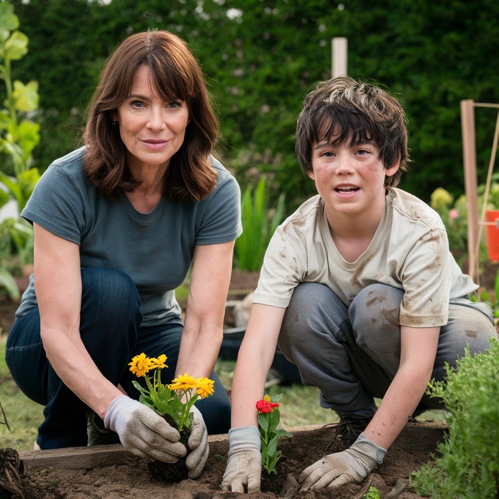 Une femme et un garçon travaillant dans un jardin, plantant des fleurs | Source : Midjourney