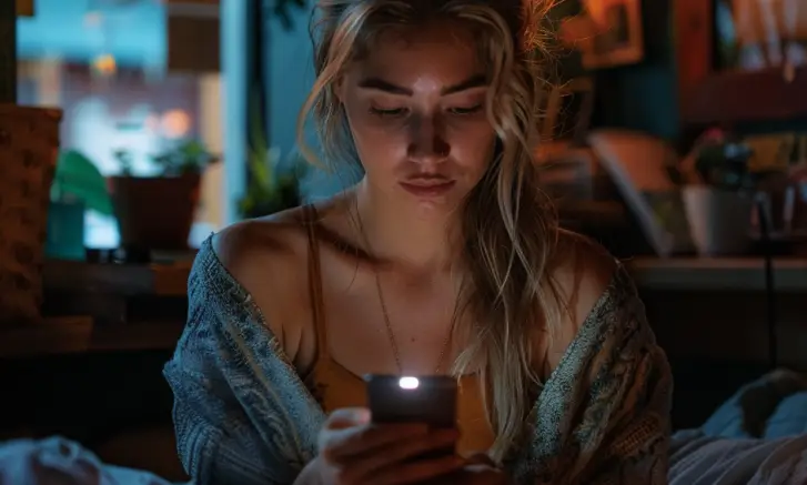 Une femme dans sa chambre la nuit, en train de regarder son téléphone | Source : Midjourney