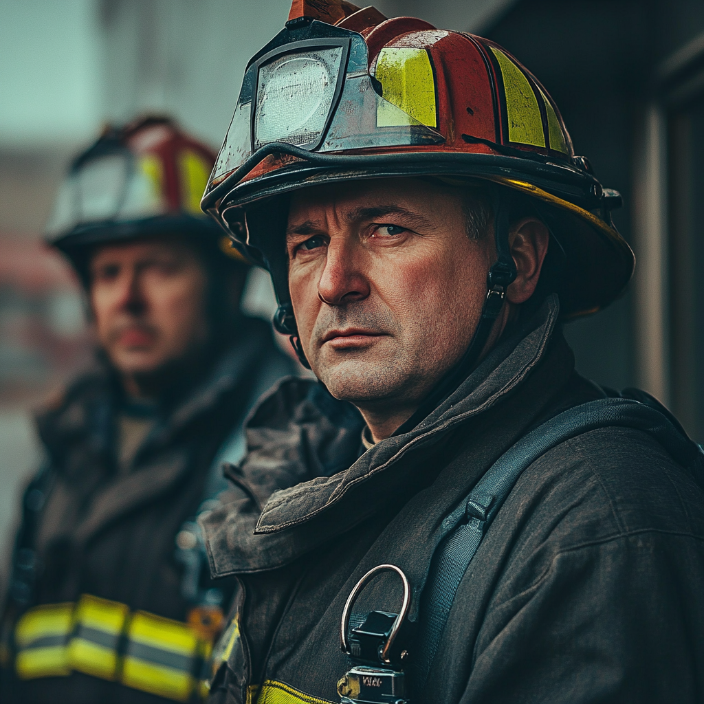 Deux pompiers qui regardent de leur côté | Source : Midjourney