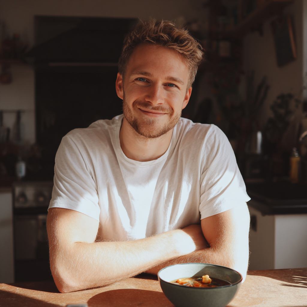 Un homme souriant avec un bol de soupe | Source : Midjourney