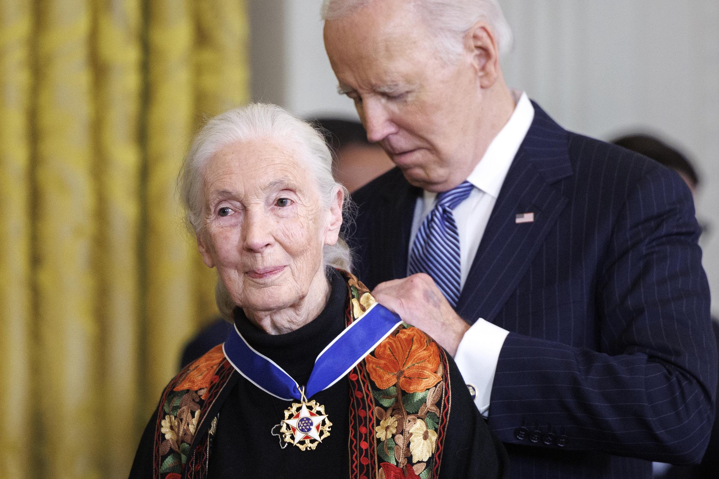 L'éthologue et défenseur de l'environnement Dr. Jane Goodall reçoit la médaille présidentielle de la liberté des mains de l'ancien président Joe Biden dans la salle Est de la Maison Blanche le 4 janvier 2025 à Washington, D.C. | Source : Getty Images