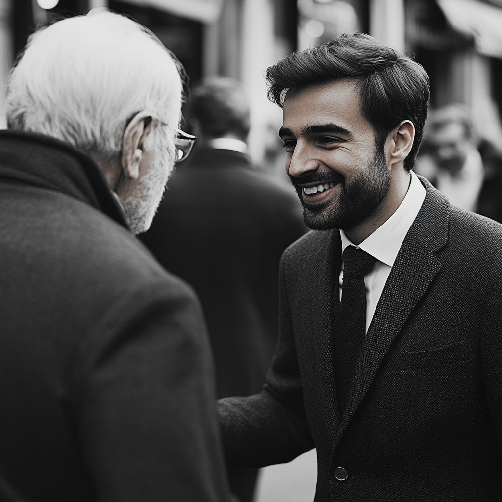 Un jeune homme d'affaires souriant tout en discutant avec un homme âgé | Source : Midjourney