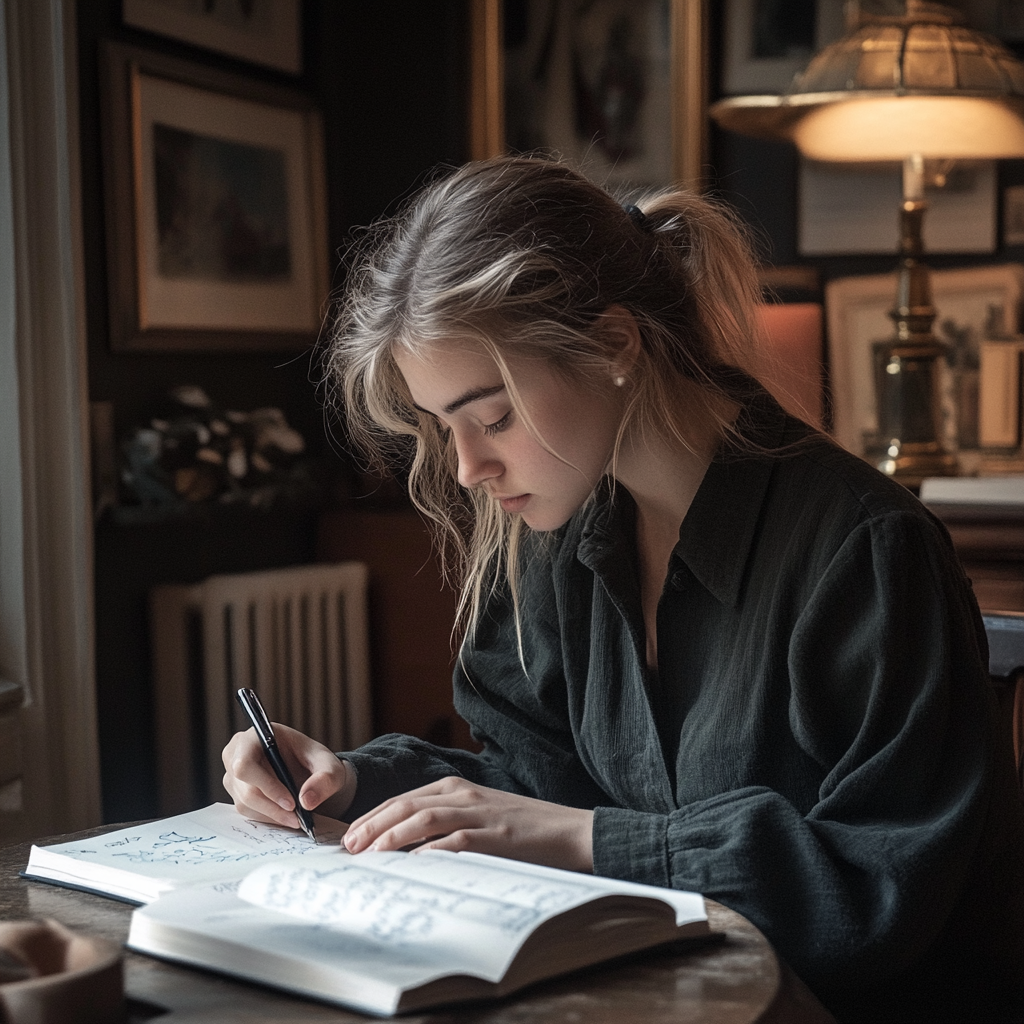 Une femme qui écrit dans son bureau | Source : Midjourney