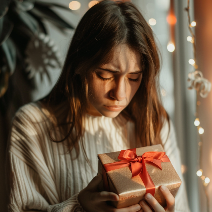 Une adolescente se sentant triste en tenant un paquet cadeau | Source : Midjourney