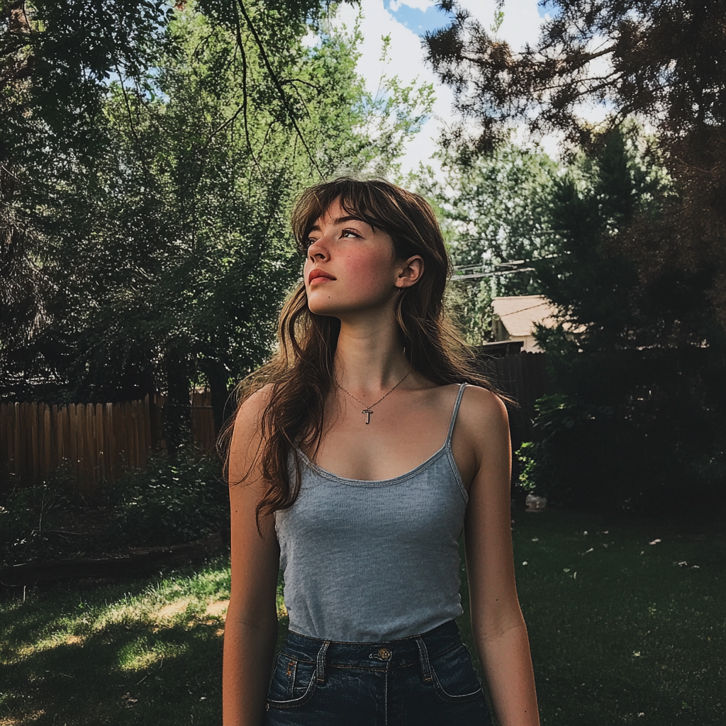 Une jeune femme debout dans son jardin | Source : Midjourney