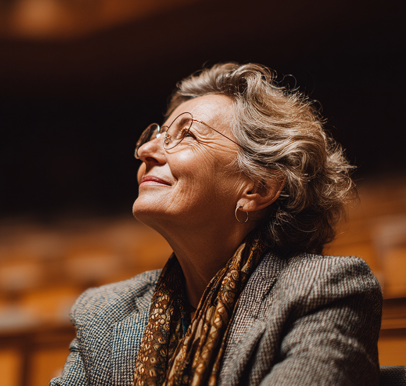 Une femme assise dans un auditorium | Source : Midjourney