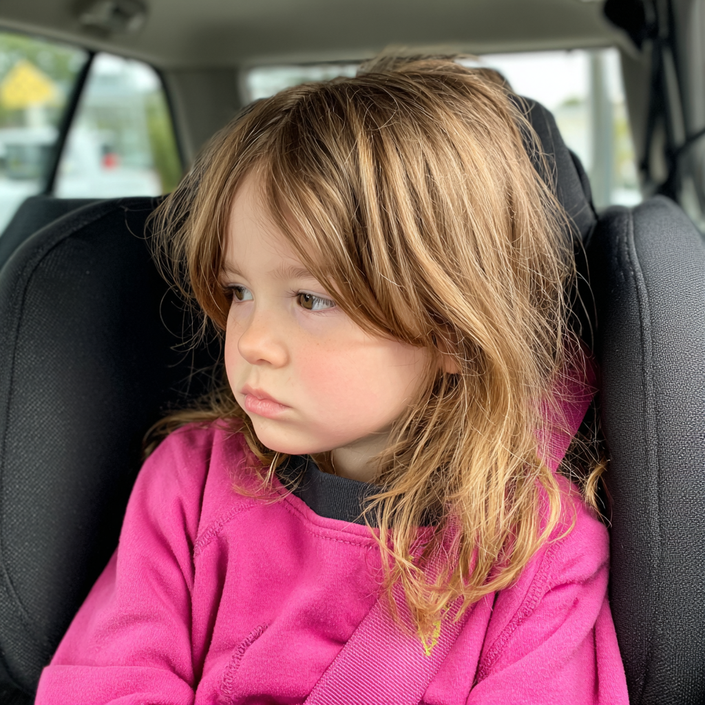 Une petite fille assise dans un siège d'appoint dans une voiture | Source : Midjourney