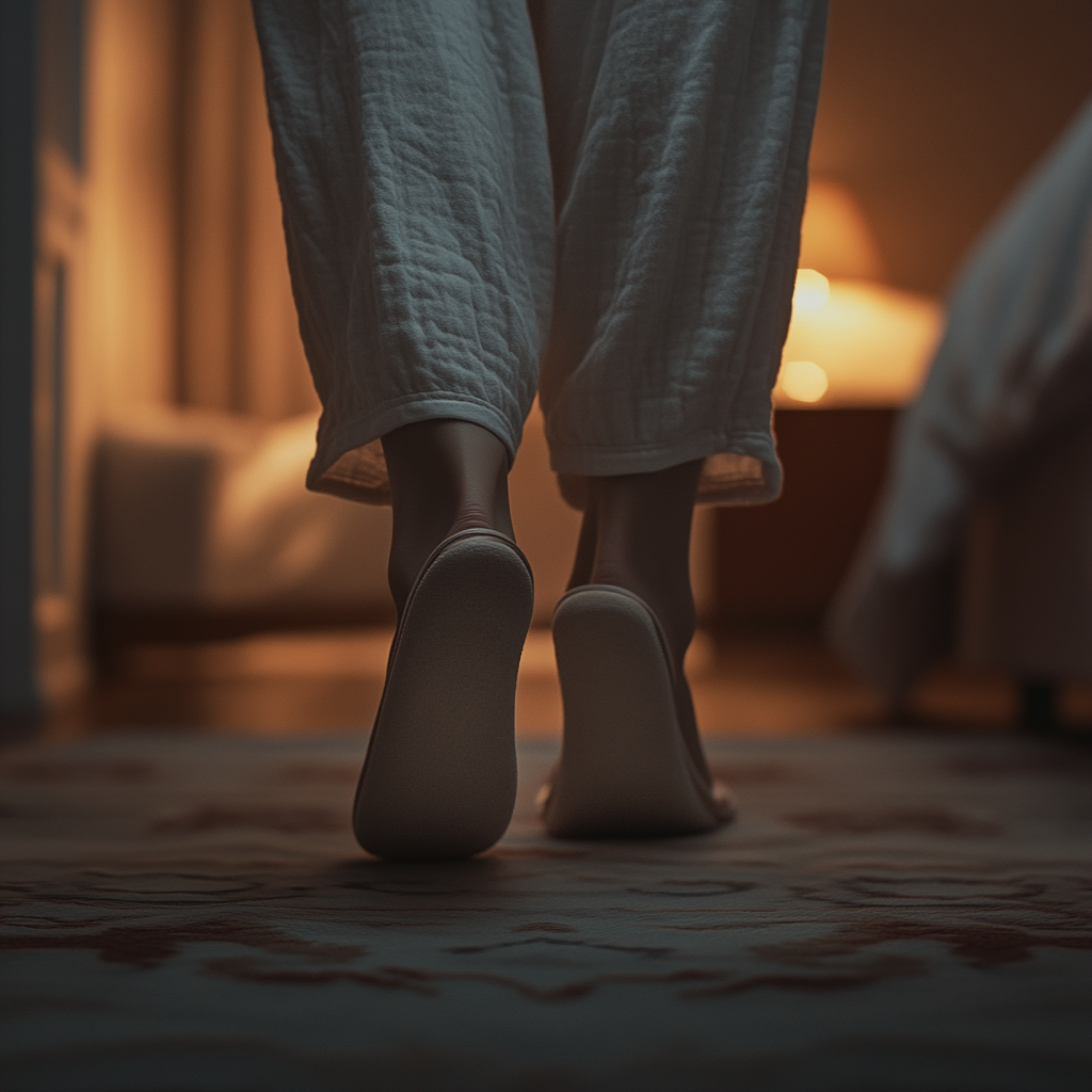 Une femme marchant dans sa chambre à coucher | Source : Midjourney