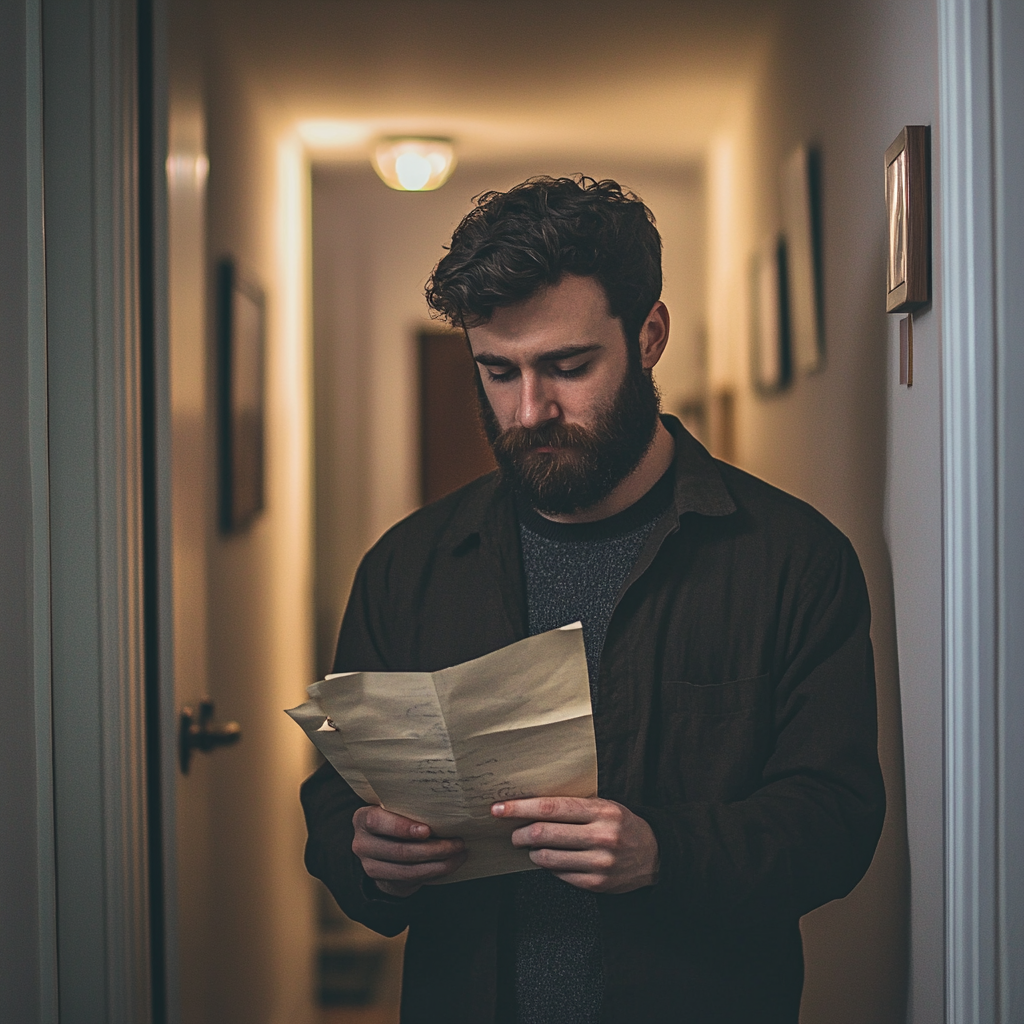 Un homme lisant une note dans son couloir | Source : Midjourney