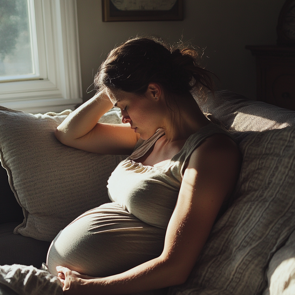 Une femme assise sur un canapé et se tenant la tête et le ventre | Source : Midjourney