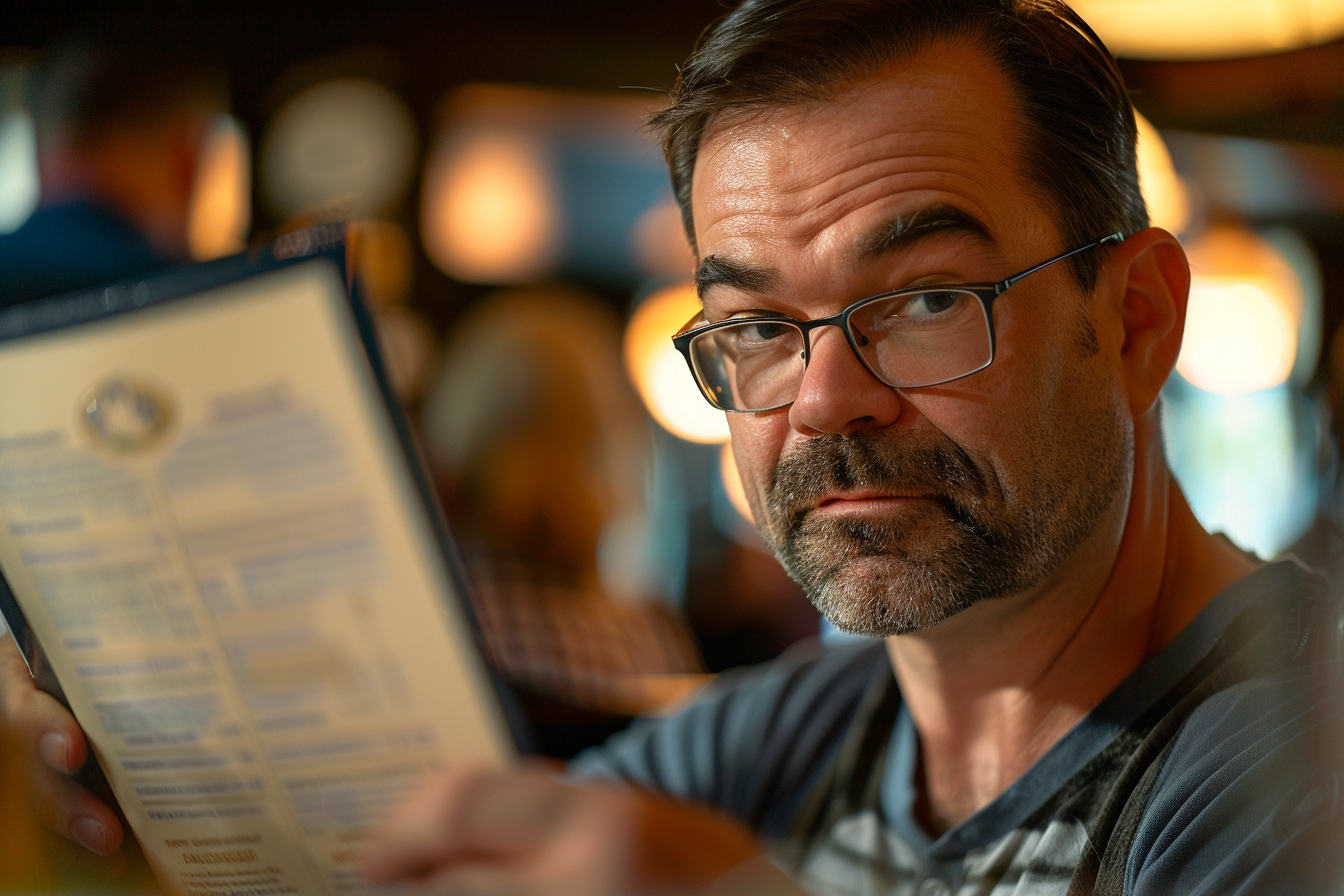 Un homme dans un restaurant tenant le menu | Source : Midjourney