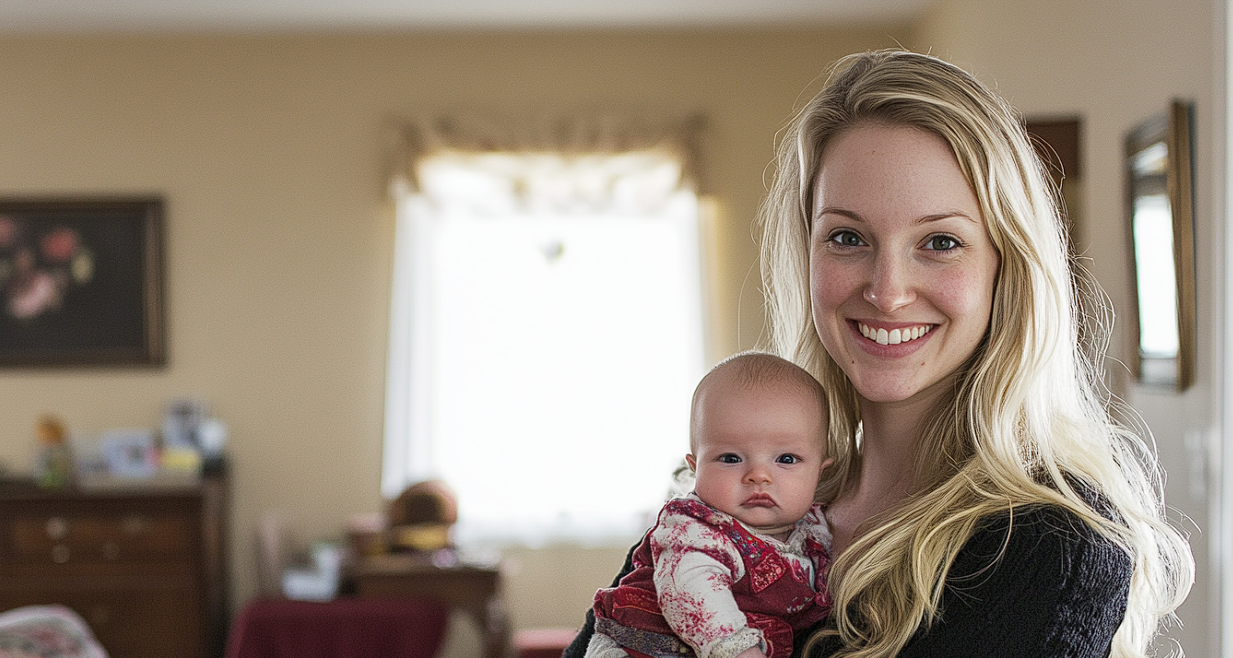 Une femme sourit victorieusement en tenant un bébé | Source : Midjourney