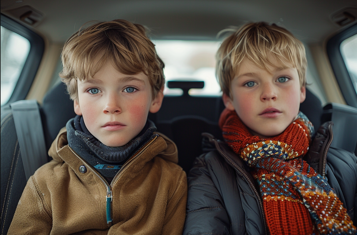 Deux frères sur la banquette arrière de la voiture de leur maman | Source : Midjourney