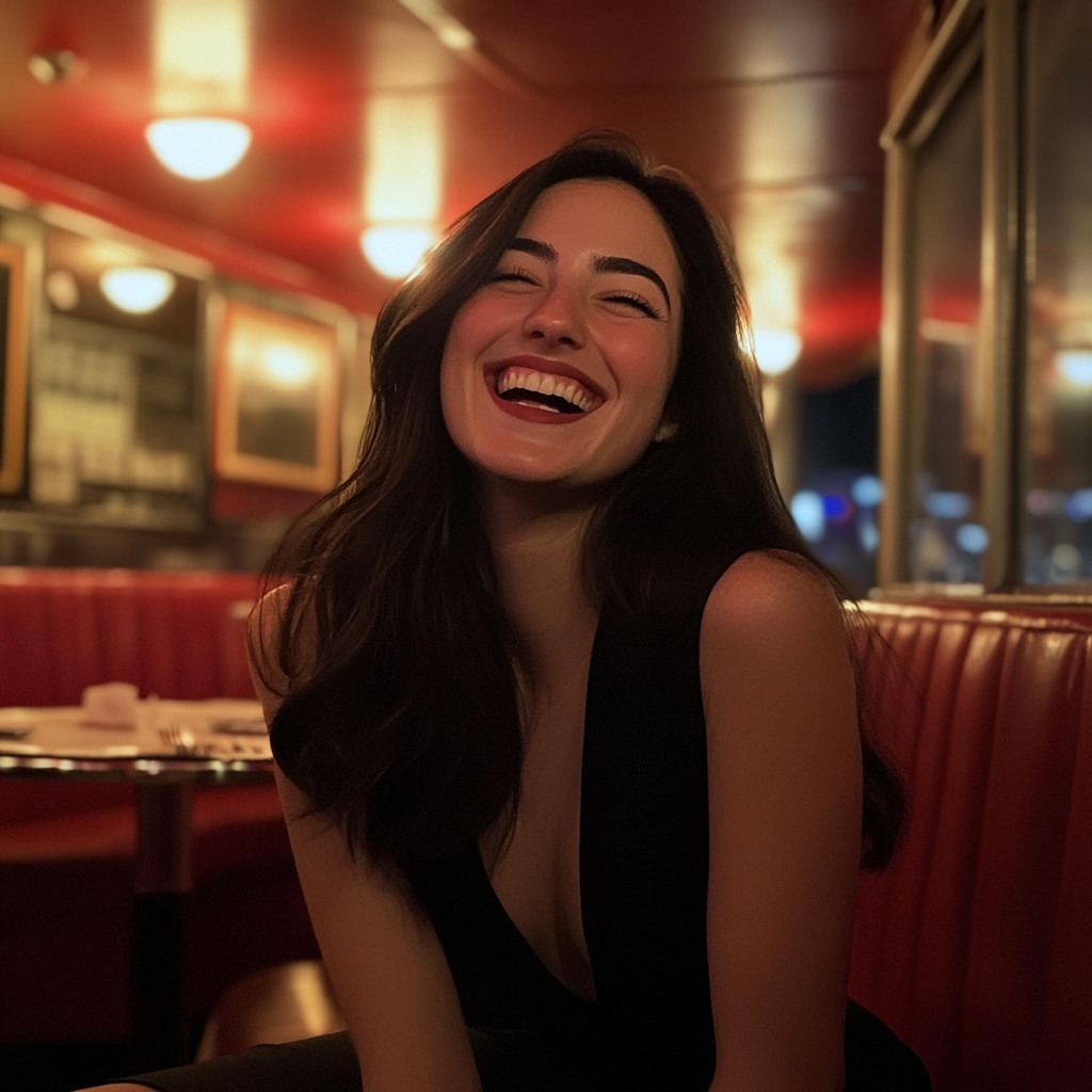 A woman sitting in a restaurant and laughing | Source: Midjourney