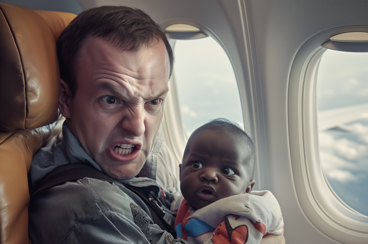 Un homme qui ricane tout en tenant un bébé | Source : Midjourney