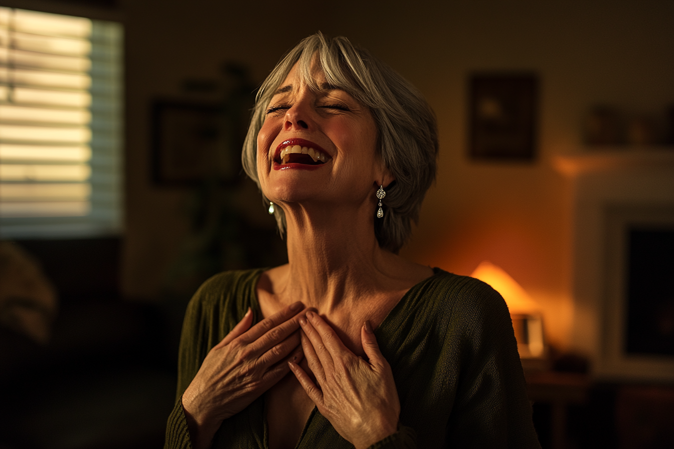 Femme d'une cinquantaine d'années pleurant de bonheur dans un salon | Source : Midjourney