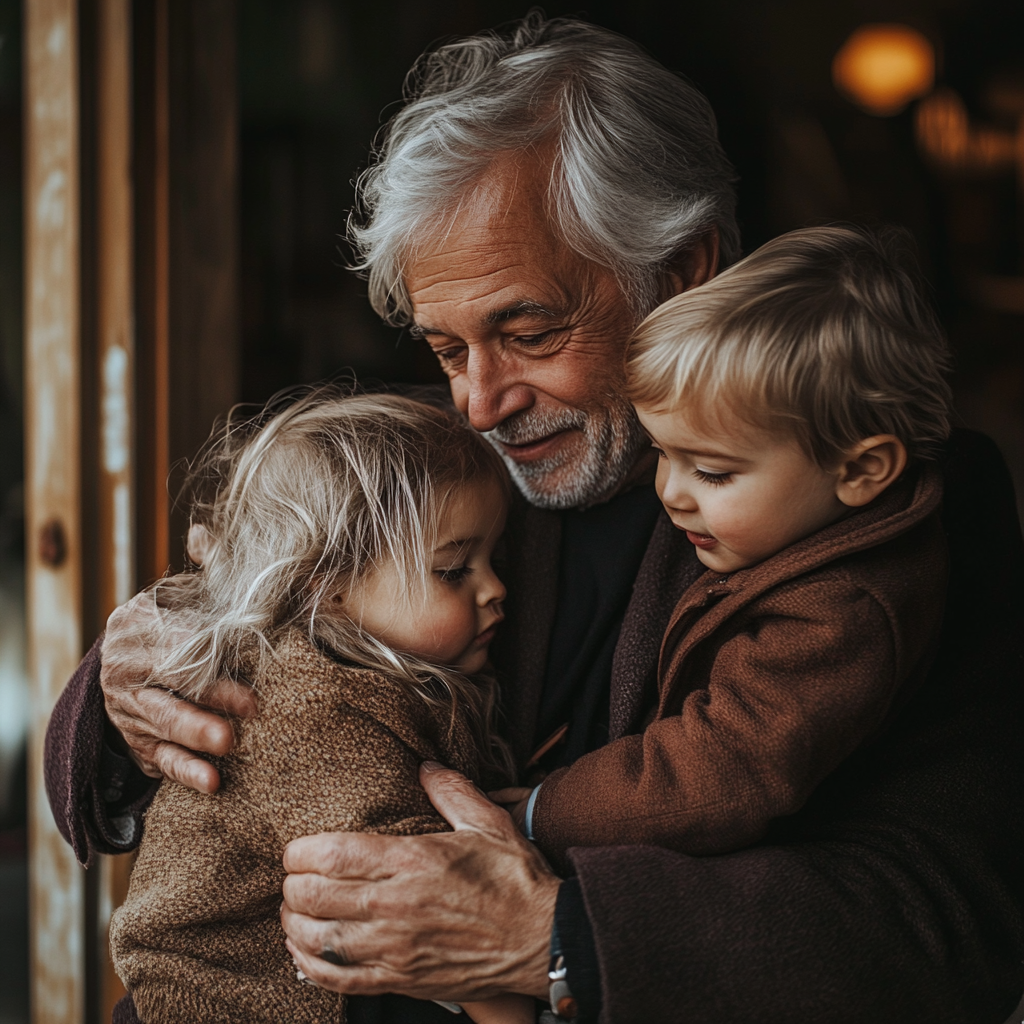 Homme âgé faisant des câlins en se liant avec ses petits-enfants | Source : Midjourney