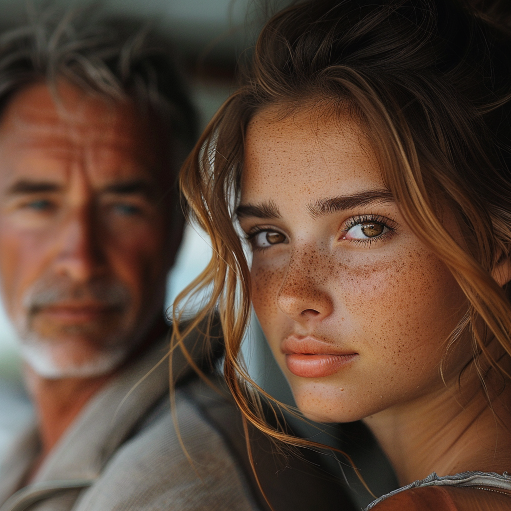 Jeune fille regardant la caméra avec son père derrière elle | Source : Midjourney