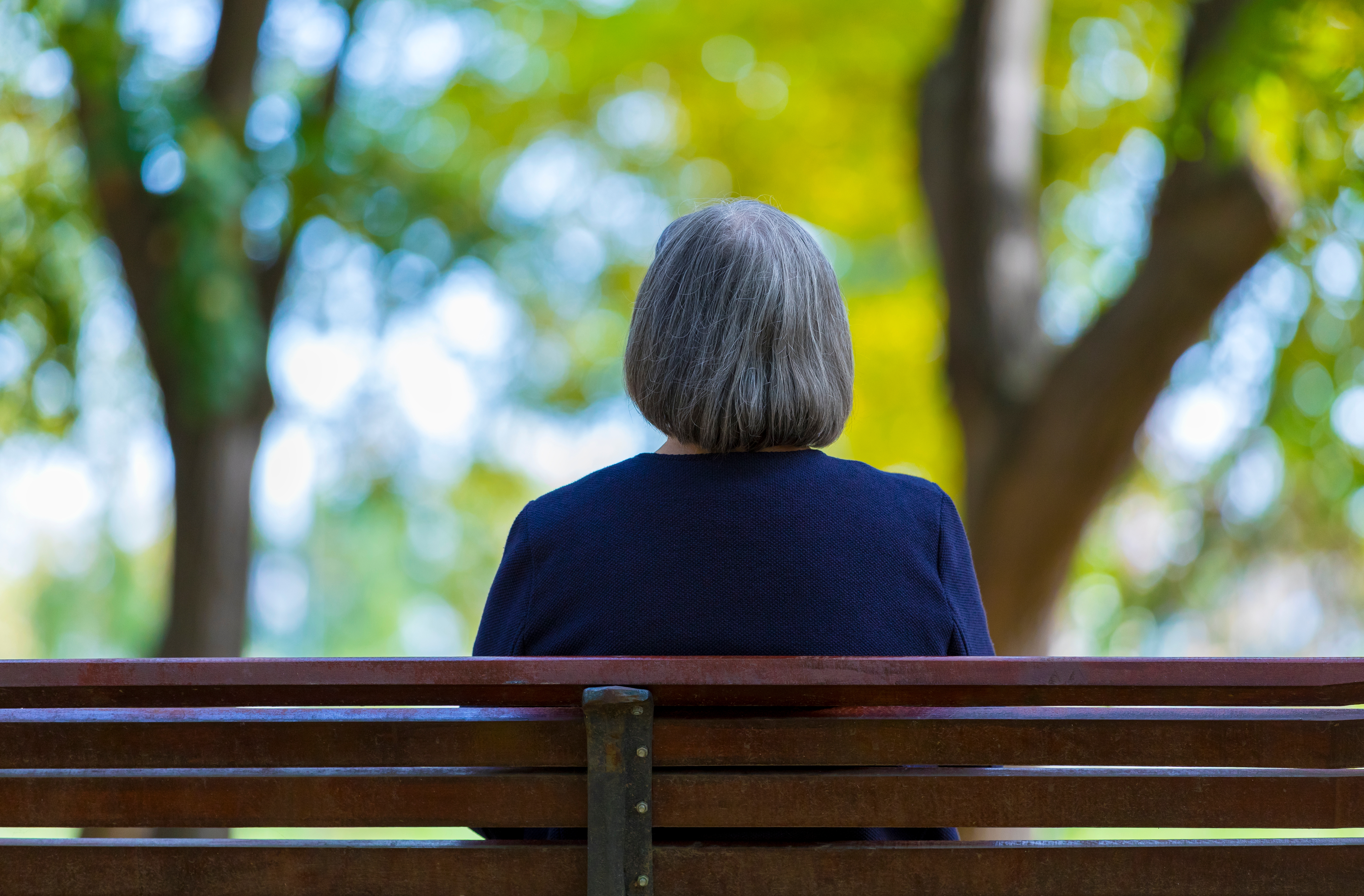Vue de dos d'une femme âgée assise seule sur un banc à l'extérieur | Source : Shutterstock