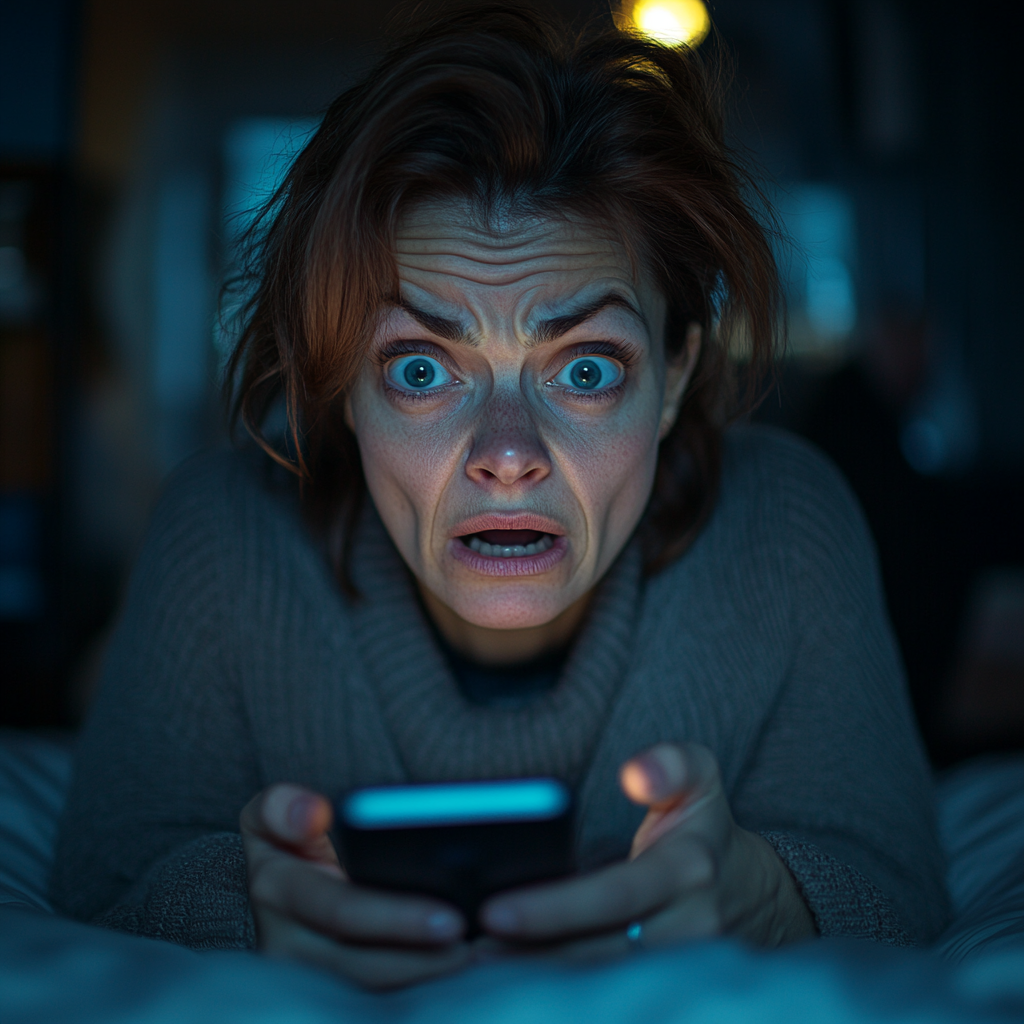 Une femme en colère et choquée qui regarde son téléphone | Source : Midjourney