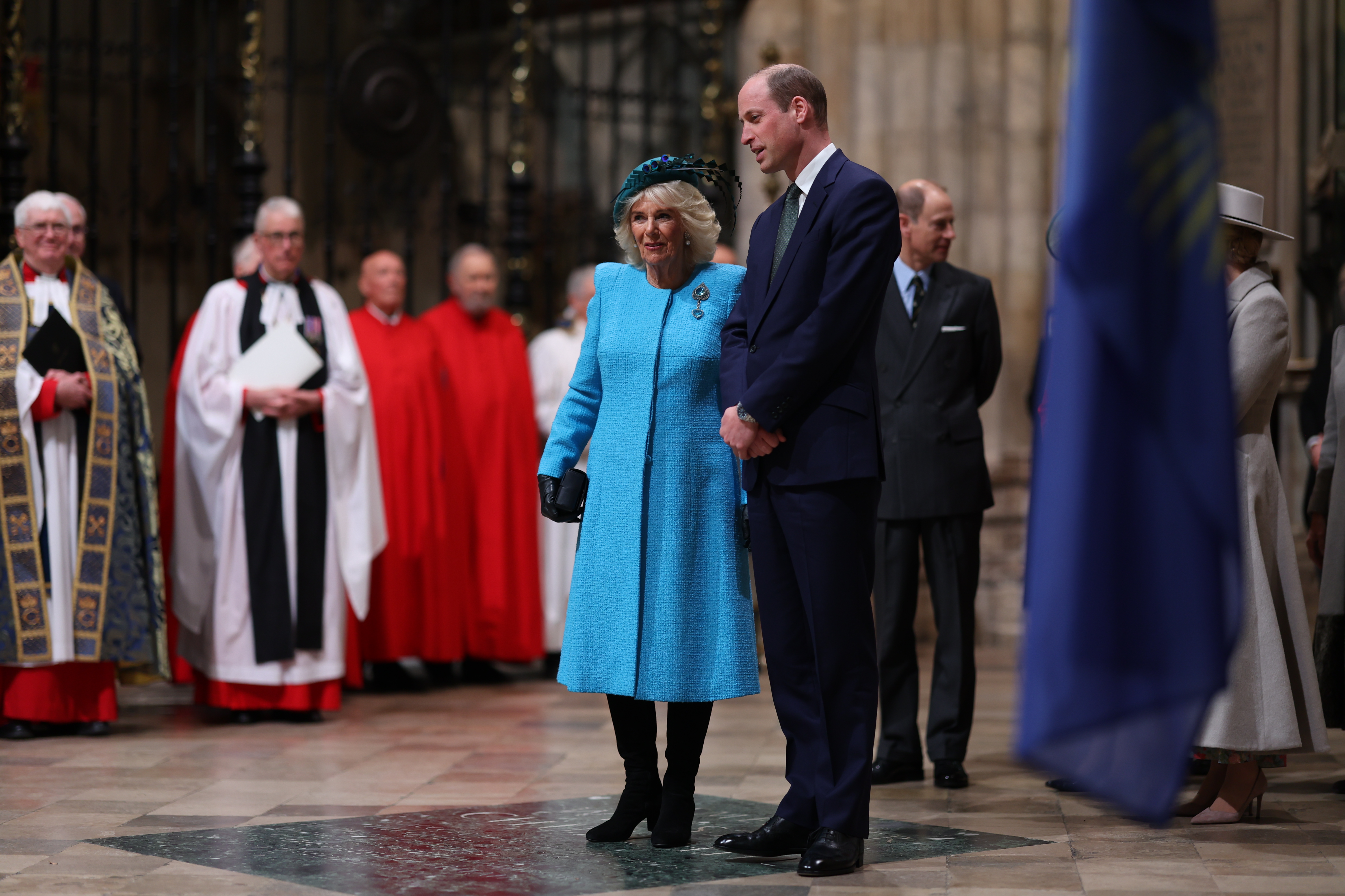 La reine Camilla et le prince William lors de la cérémonie du Jour du Commonwealth 2024 à l'abbaye de Westminster le 11 mars 2024 à Londres, Angleterre | Source : Getty Images