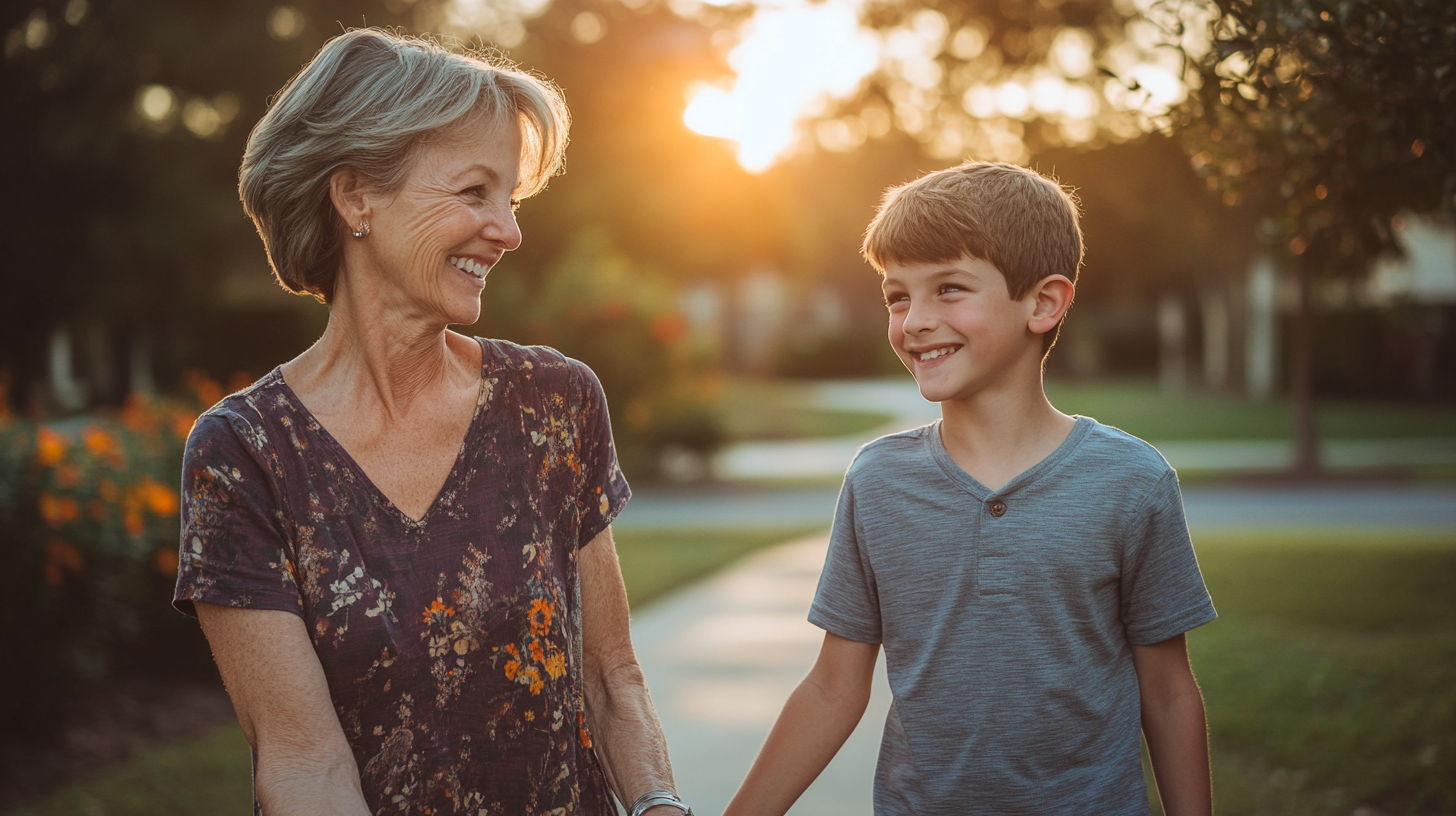 Une femme souriant avec un garçon | Source : Midjourney