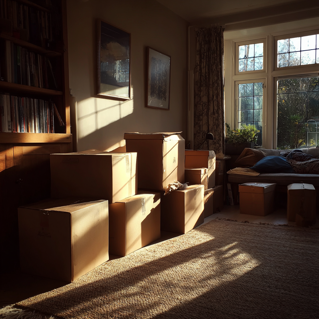 Boîtes en carton dans un salon | Source : Midjourney