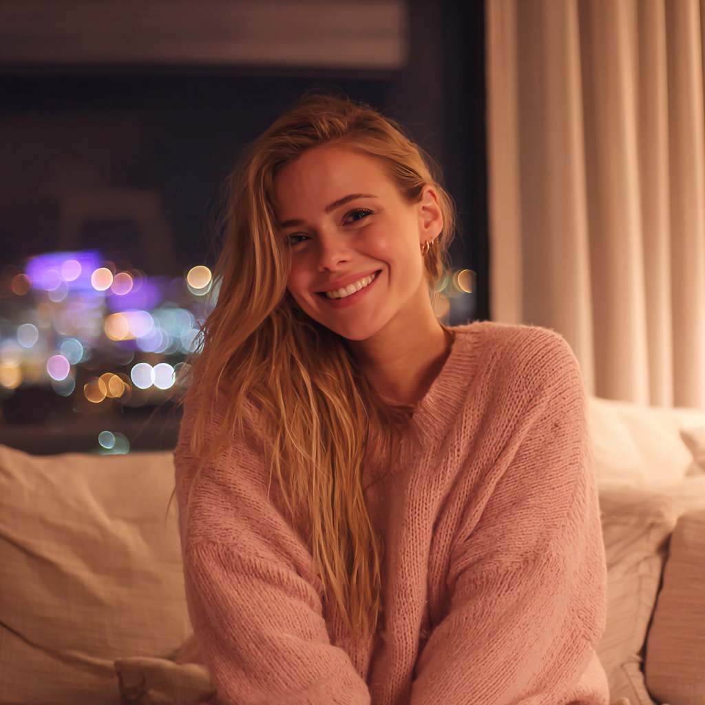 Une jeune femme souriante assise sur un canapé | Source : Midjourney