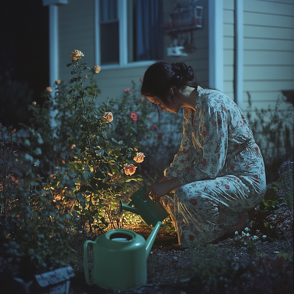 Une femme travaillant sur un jardin la nuit | Source : Midjourney