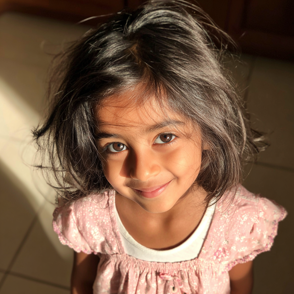 Une petite fille souriante aux cheveux en désordre | Source : Midjourney