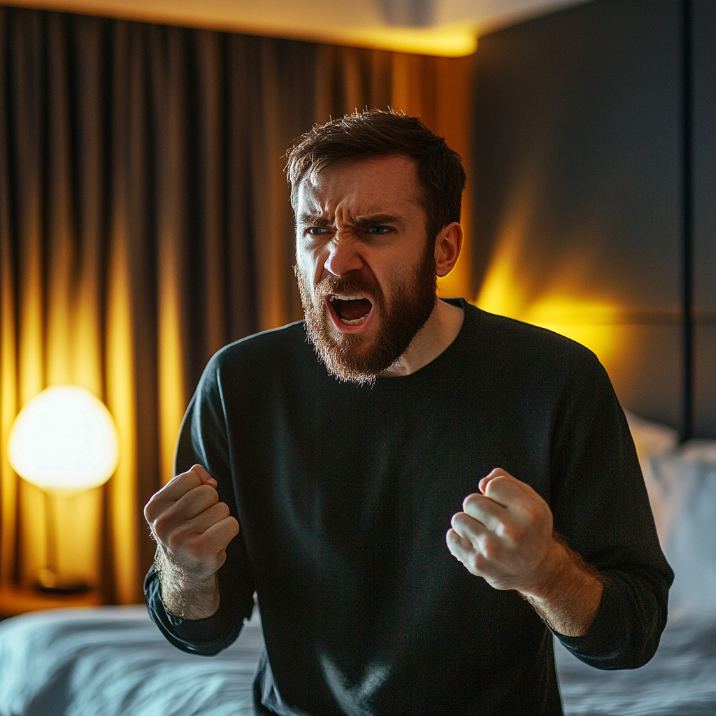 Un homme en colère qui parle dans une chambre d'hôtel | Source : Midjourney