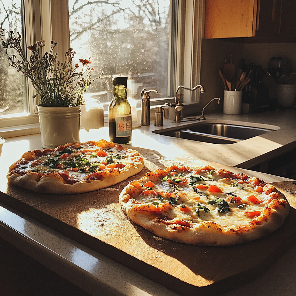 Homemade pizza on a counter | Source: Midjourney