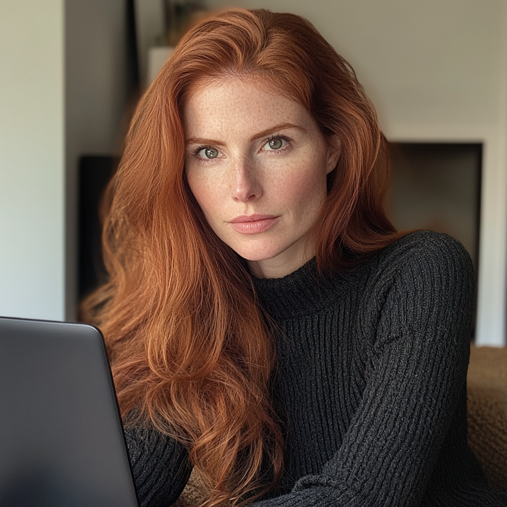 Une femme assise devant son ordinateur portable | Source : Midjourney