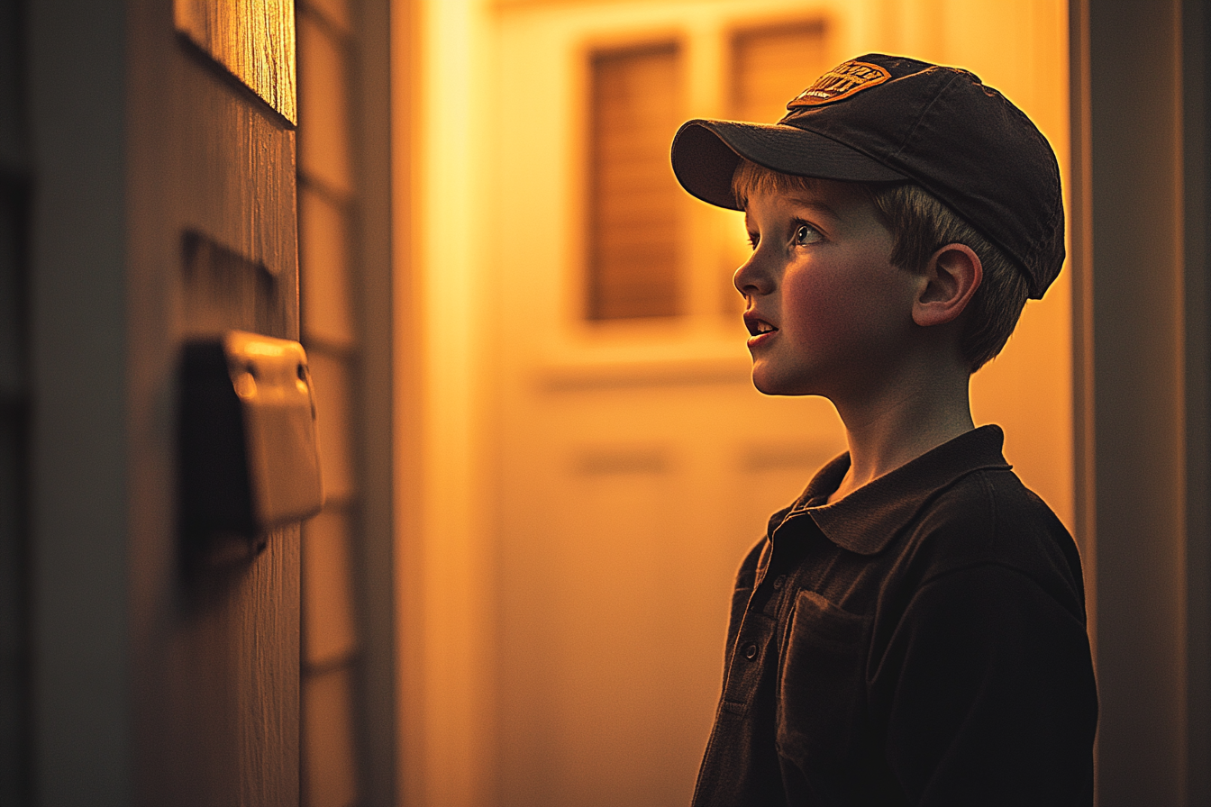 Un petit garçon choqué sur le seuil de la porte | Source : Midjourney