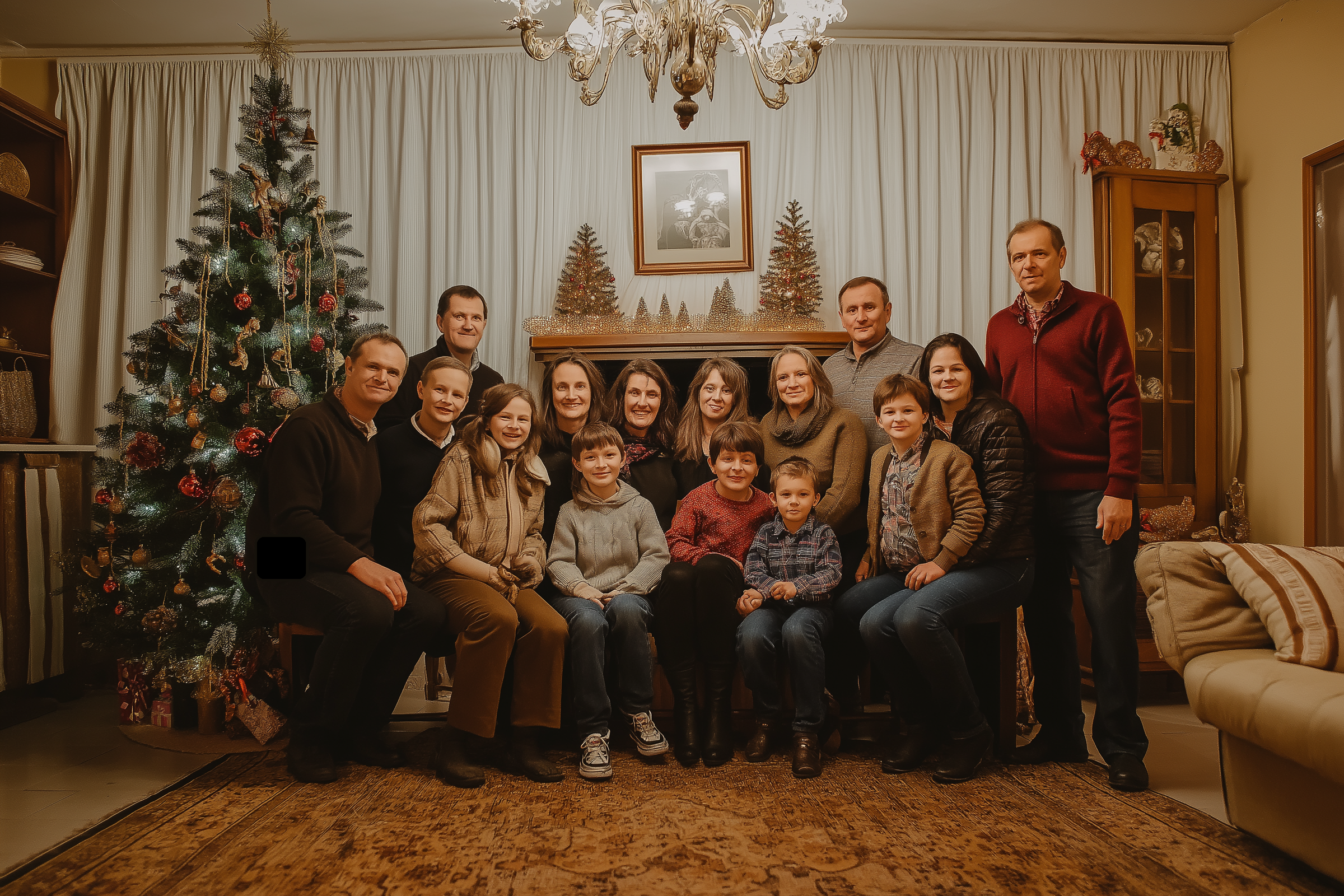 Famille posant pour une photo près de la cheminée et du sapin de Noël | Source : Midjourney