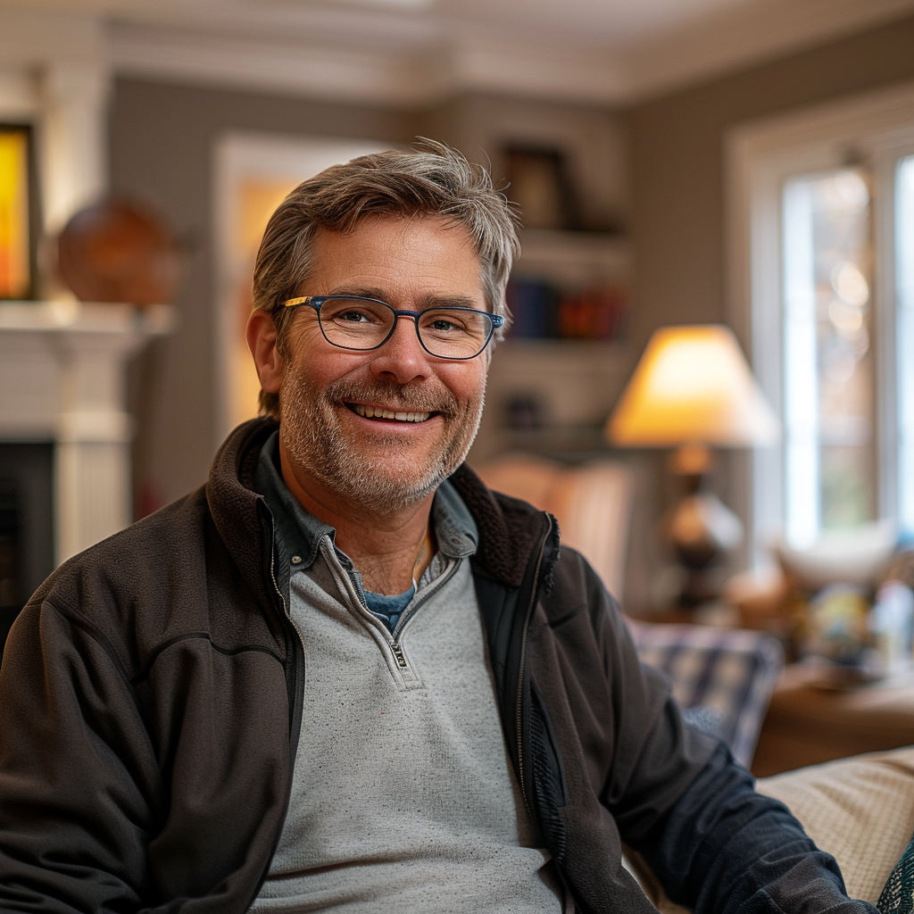 Un homme souriant alors qu'il est assis dans son salon | Source : Midjourney