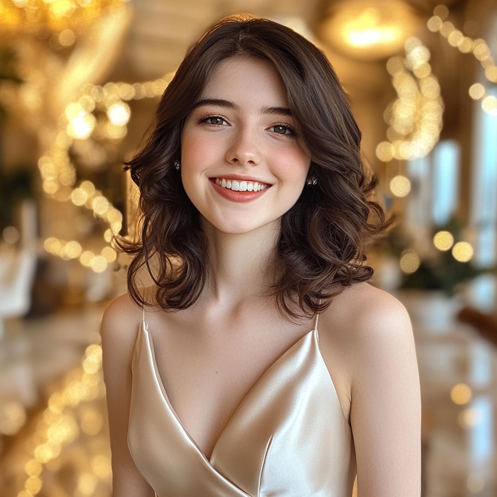 Une adolescente souriante dans une robe champagne | Source : Midjourney
