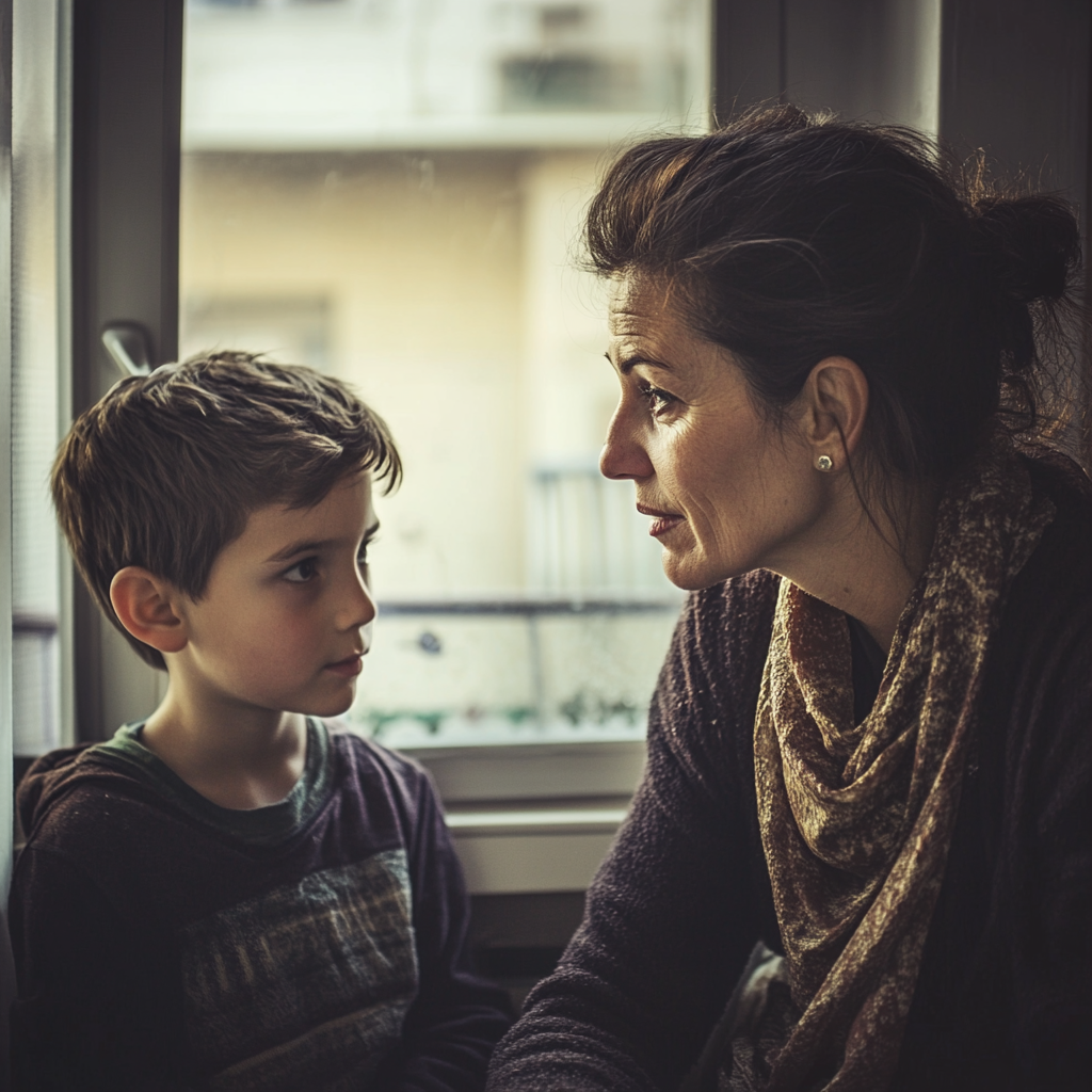 Une enseignante soucieuse parle gentiment à un jeune garçon | Source : Midjourney