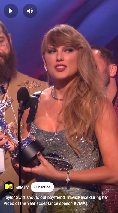 Taylor Swift lors de son discours d'acceptation du prix aux VMAs 2024. | Source : YouTube/@MTV