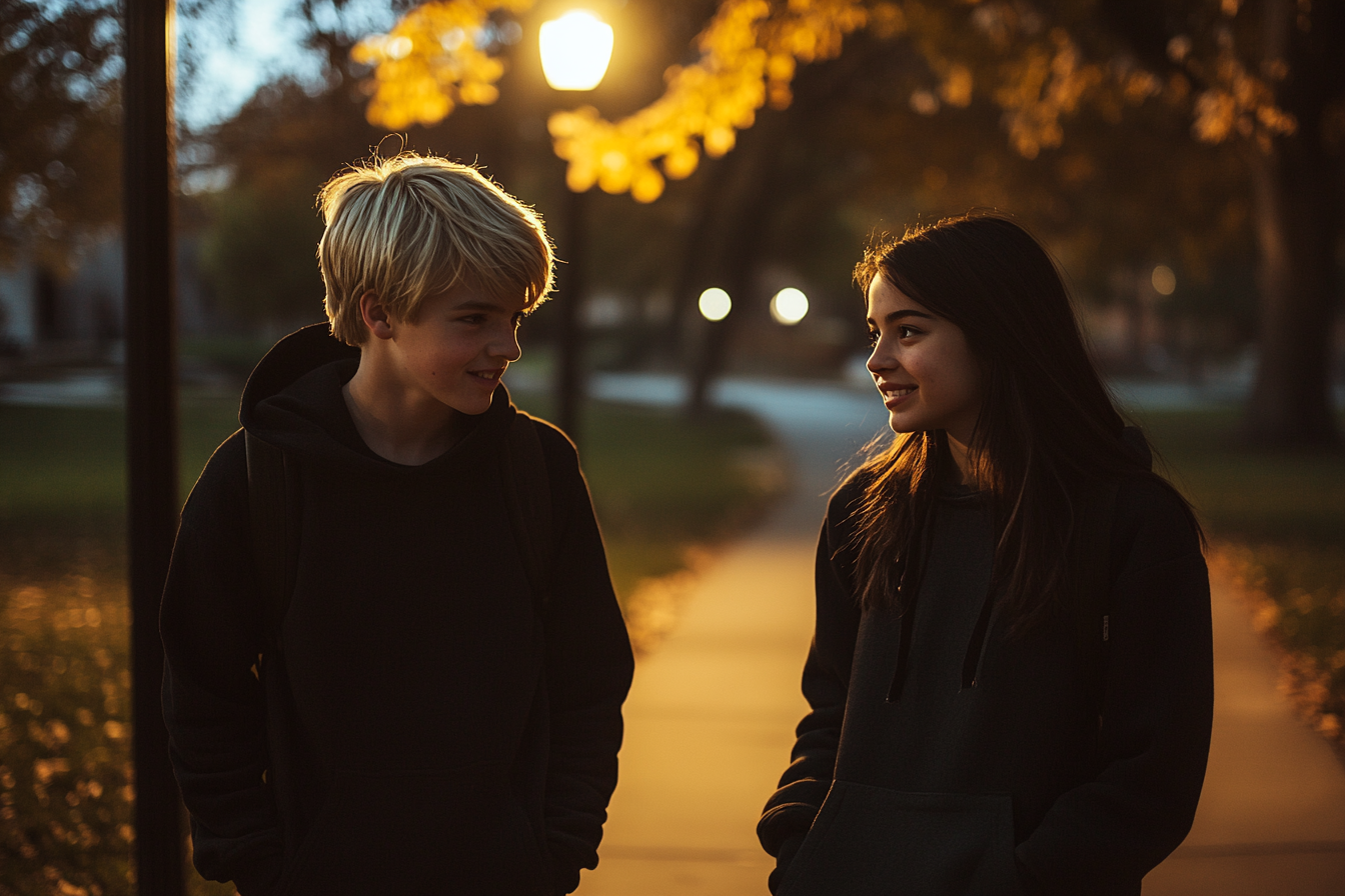 Un adolescent blond et une adolescente marchant sur un trottoir à côté d'un parc la nuit | Source : Midjourney