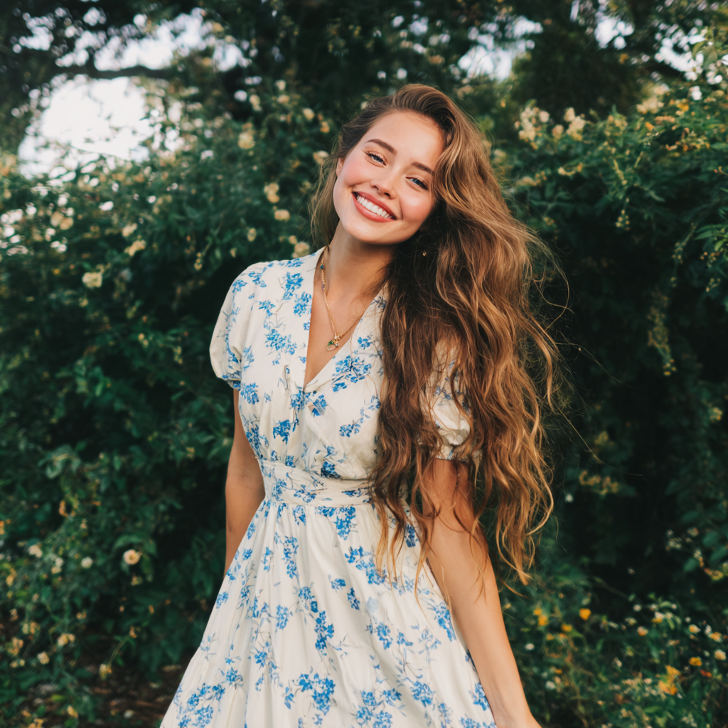 Une femme souriante se tenant à l'extérieur dans une robe blanche | Source : Midjourney